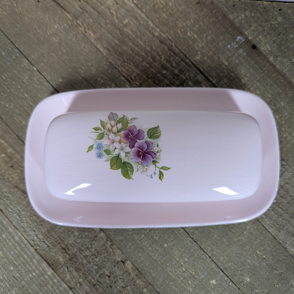 Vintage Pink Ceramic Butter Dish – Violets Floral 7.5”